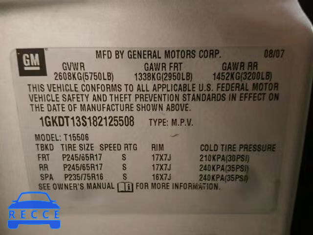 2008 GMC ENVOY 1GKDT13S182125508 image 9