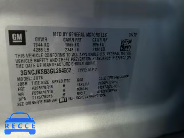 2016 CHEVROLET TRAX LS 3GNCJKSB3GL264662 image 9