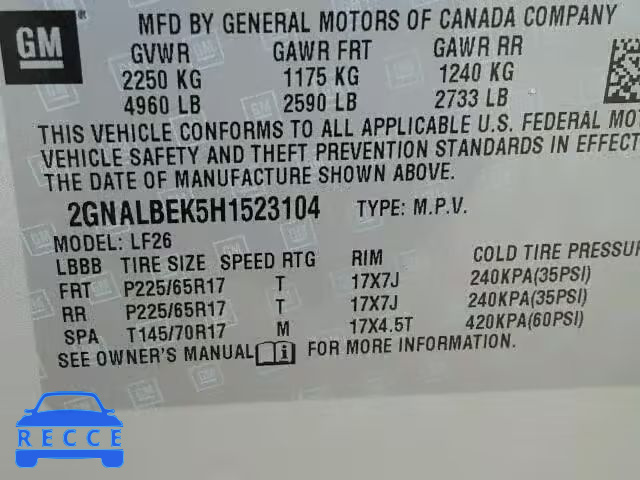 2017 CHEVROLET EQUINOX LS 2GNALBEK5H1523104 image 9