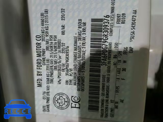 2016 FORD FUSION S 3FA6P0G79GR309376 Bild 9