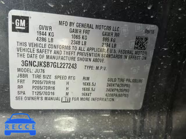 2016 CHEVROLET TRAX LS 3GNCJKSB7GL227243 зображення 9