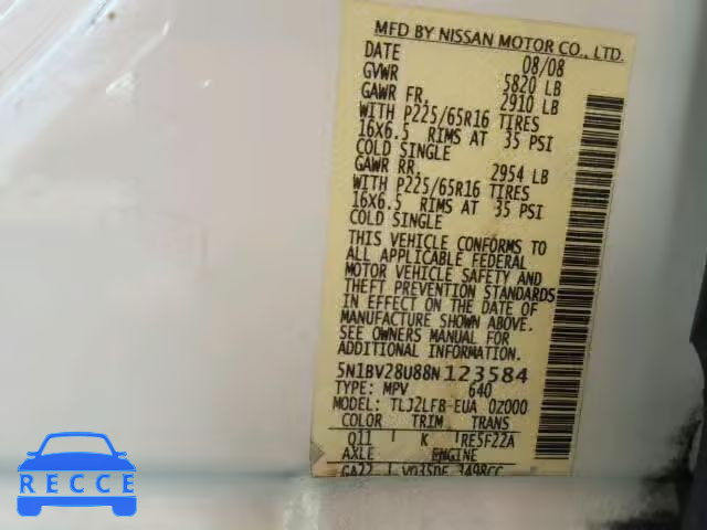 2008 NISSAN QUEST S/SE 5N1BV28U88N123584 image 9