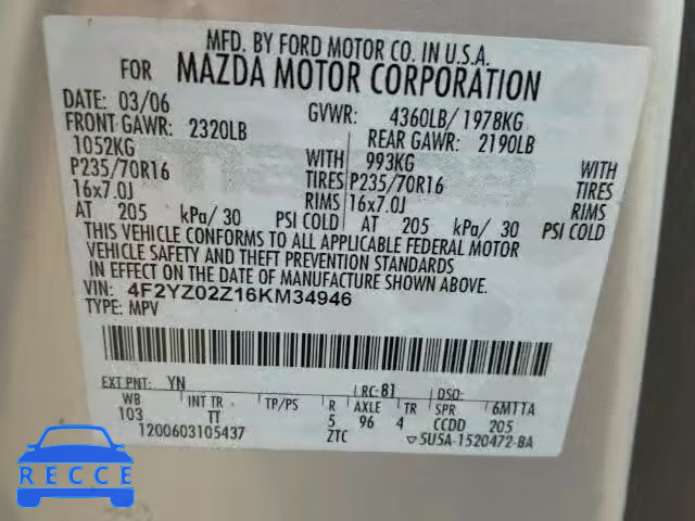 2006 MAZDA TRIBUTE I 4F2YZ02Z16KM34946 image 9