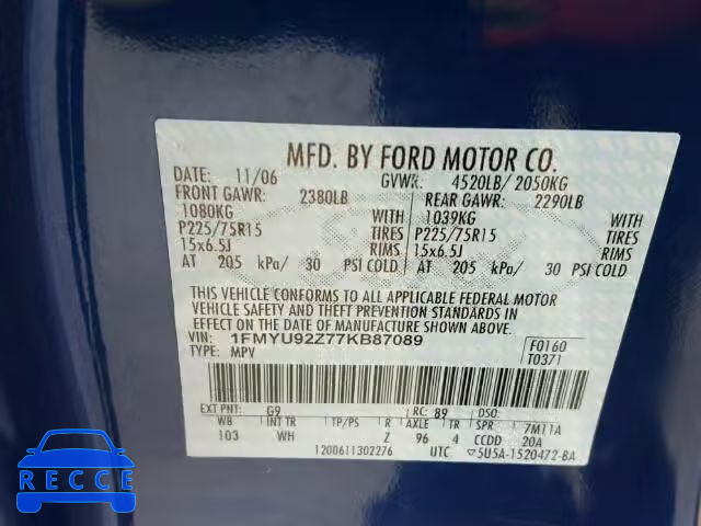 2007 FORD ESCAPE XLS 1FMYU92Z77KB87089 image 9