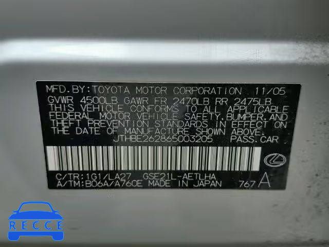 2006 LEXUS IS350 JTHBE262865003205 image 9