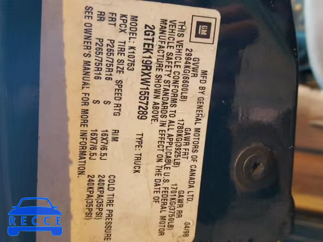 1998 GMC SIERRA K15 2GTEK19RXW1557289 image 9