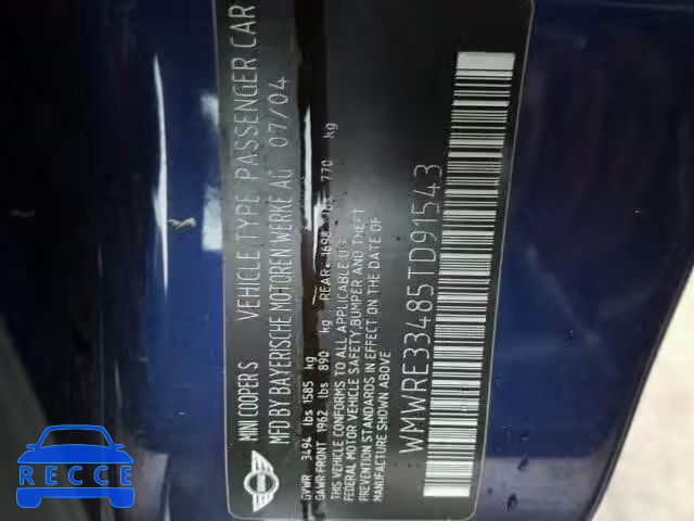2005 MINI COOPER S WMWRE33485TD91543 image 9
