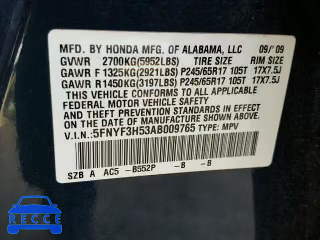 2010 HONDA PILOT EXL 5FNYF3H53AB009765 image 9