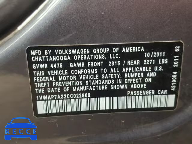 2012 VOLKSWAGEN PASSAT S 1VWAP7A32CC022969 Bild 9