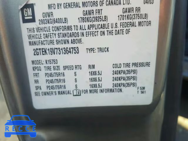 2003 GMC SIERRA K15 2GTEK19V731364753 image 9