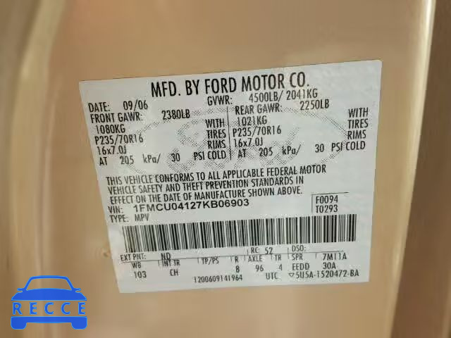 2007 FORD ESCAPE LIM 1FMCU04127KB06903 image 9