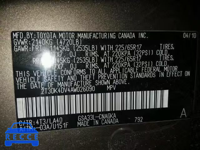 2010 TOYOTA RAV4 LTD 2T3DK4DV4AW026090 image 9