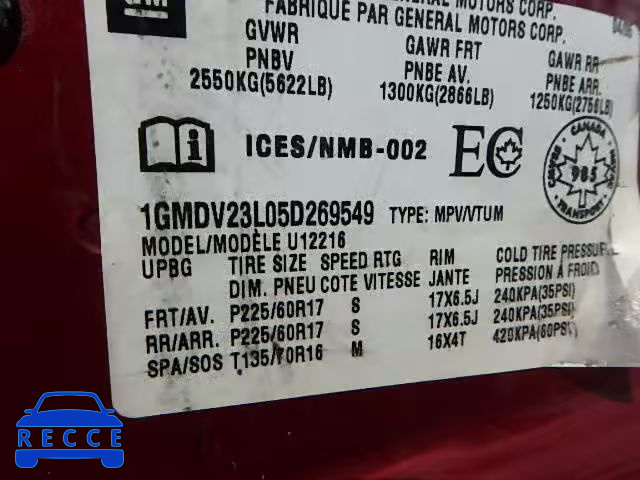 2005 PONTIAC MONTANA SV 1GMDV23L05D269549 image 9