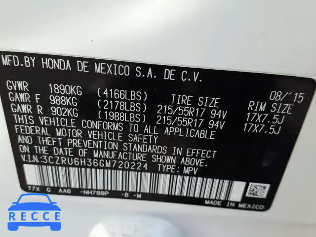 2016 HONDA HR-V LX 3CZRU6H36GM720224 Bild 9