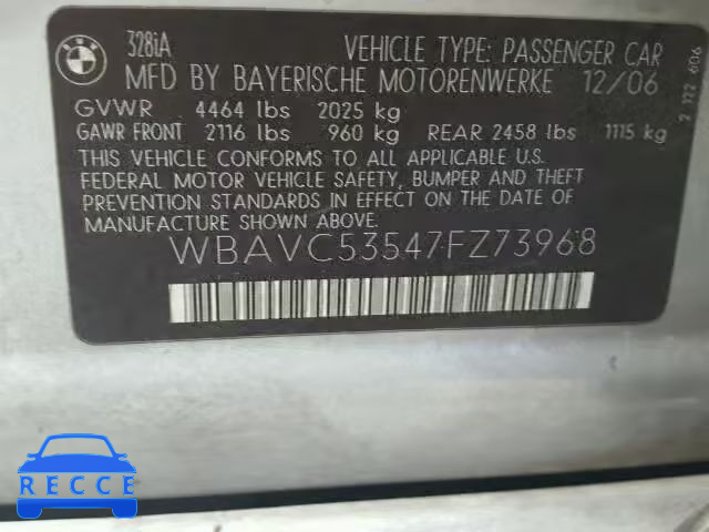 2007 BMW 328I SULEV WBAVC53547FZ73968 зображення 9