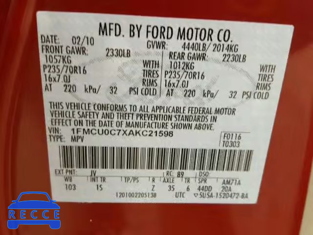 2010 FORD ESCAPE XLS 1FMCU0C7XAKC21598 image 9