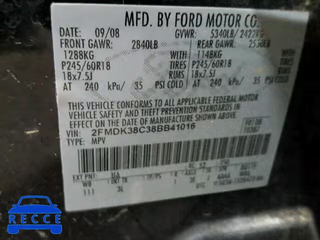 2008 FORD EDGE SEL 2FMDK38C38BB41016 image 9