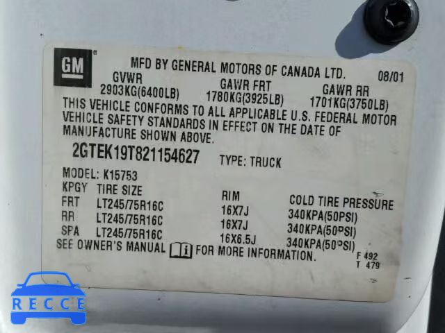 2002 GMC SIERRA K15 2GTEK19T821154627 image 9