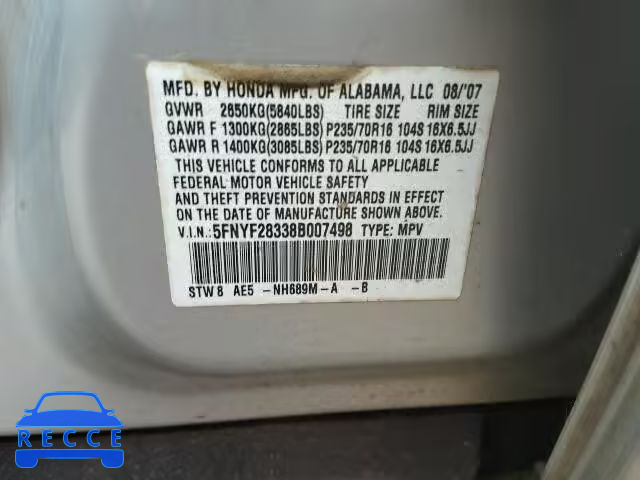 2008 HONDA PILOT SE 5FNYF28338B007498 image 9