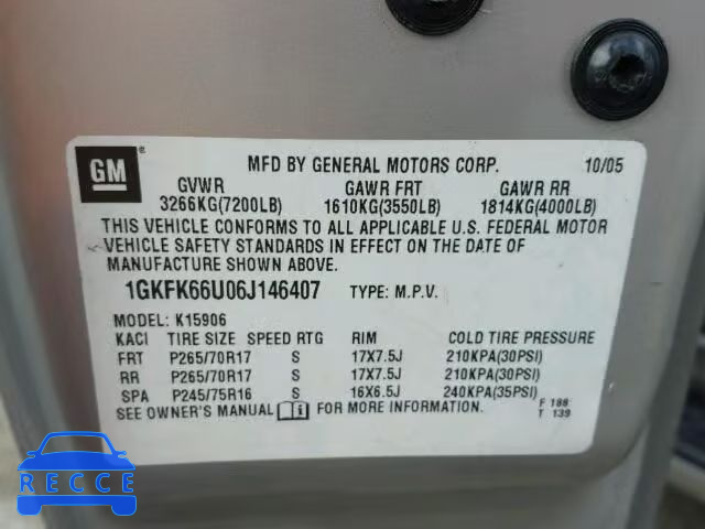 2006 GMC YUKON DENA 1GKFK66U06J146407 image 9