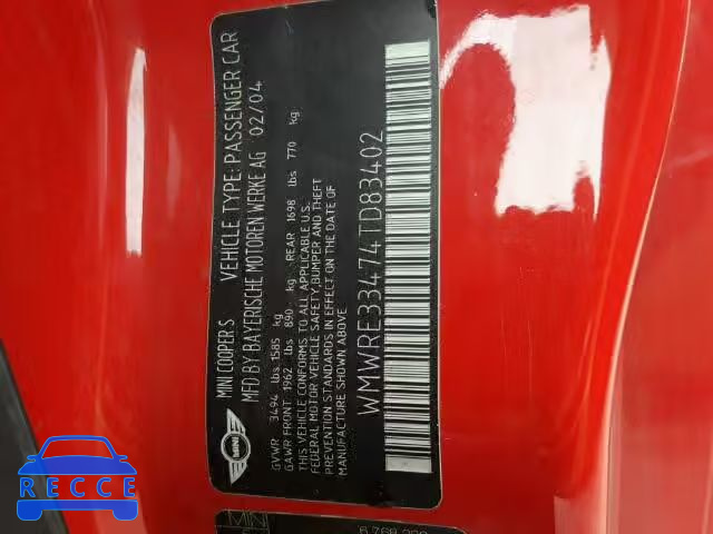 2004 MINI COOPER S WMWRE33474TD83402 image 9