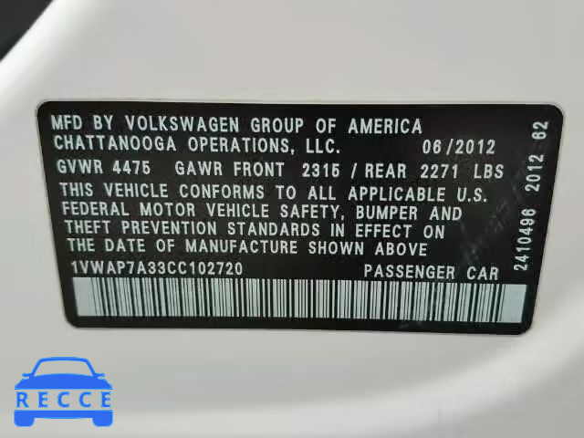 2012 VOLKSWAGEN PASSAT S 1VWAP7A33CC102720 image 9