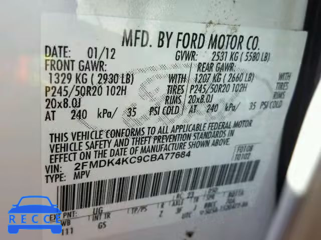 2012 FORD EDGE LIMIT 2FMDK4KC9CBA77684 зображення 9