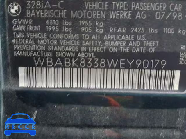 1998 BMW 328IC AUTO WBABK8338WEY90179 image 9