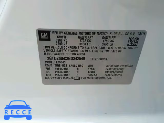 2016 GMC SIERRA K15 3GTU2MEC3GG342540 image 9