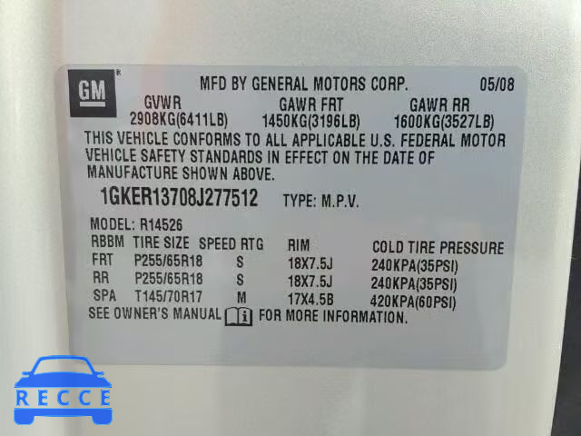 2008 GMC ACADIA SLE 1GKER13708J277512 image 9