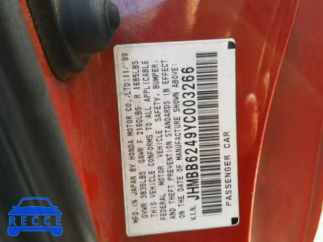 2000 HONDA PRELUDE JHMBB6249YC003266 image 9