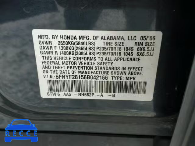 2006 HONDA PILOT LX 5FNYF28156B042166 image 9