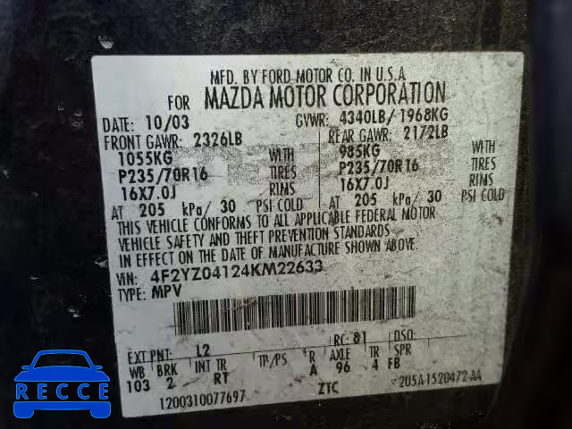 2004 MAZDA TRIBUTE LX 4F2YZ04124KM22633 image 9