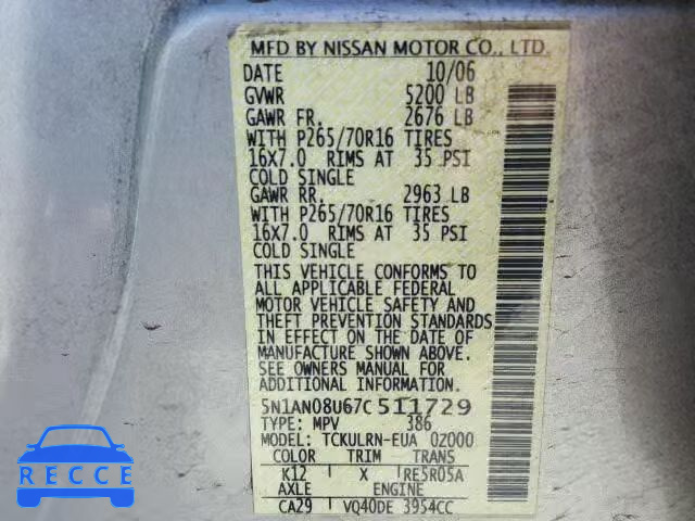 2007 NISSAN XTERRA 4.0 5N1AN08U67C511729 image 9