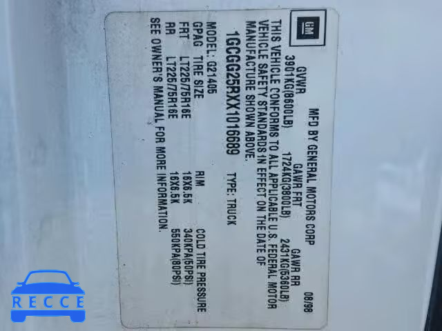 1999 CHEVROLET EXPRESS G2 1GCGG25RXX1016689 зображення 9