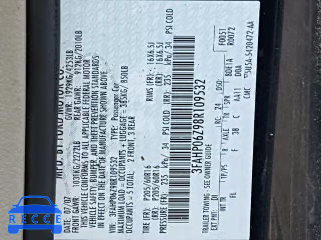 2008 FORD FUSION S 3FAHP06Z98R109532 image 9