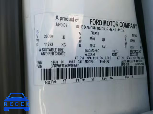 2007 FORD F650 SUPER 3FRWW65X67V409707 image 9