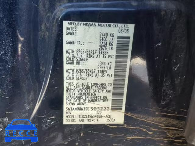 2009 NISSAN XTERRA 4.0 5N1AN08W39C503222 image 9