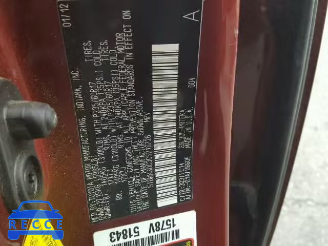 2012 TOYOTA SIENNA LE 5TDKK3DC3CS216726 image 9