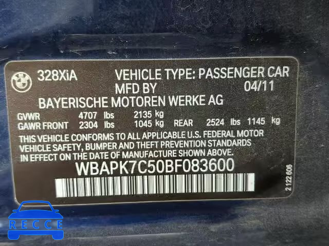 2011 BMW 328XI WBAPK7C50BF083600 зображення 9
