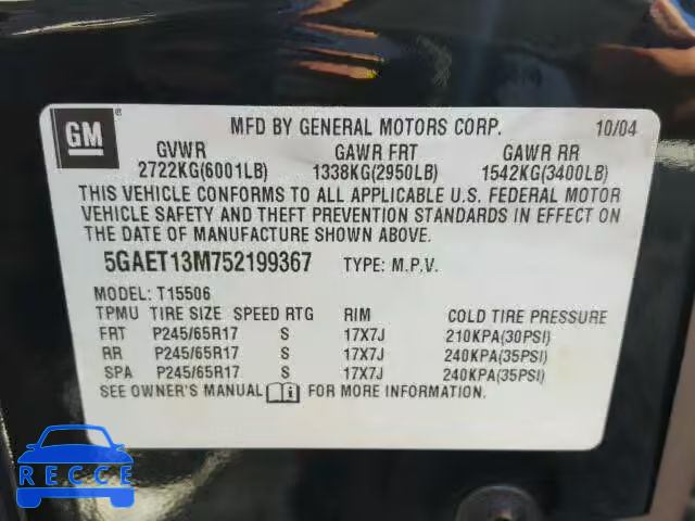 2005 BUICK RAINIER CX 5GAET13M752199367 image 9