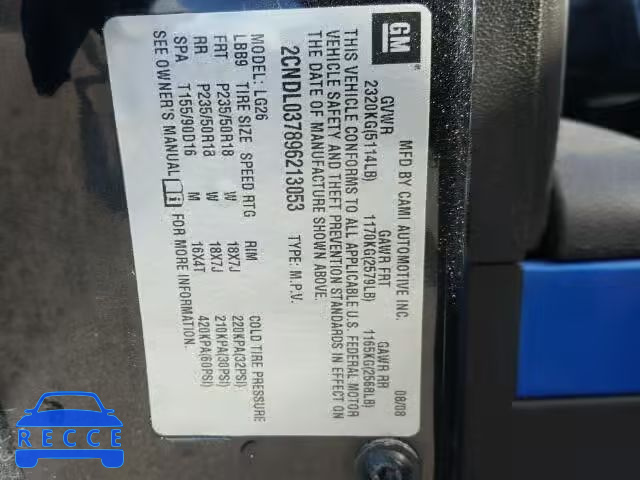 2009 CHEVROLET EQUINOX SP 2CNDL037896213053 image 9