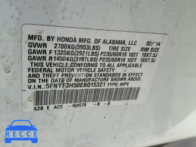 2014 HONDA PILOT EXL 5FNYF3H50EB015321 image 9