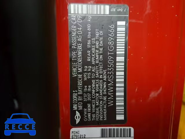 2009 MINI COOPER S WMWMS33509TG89666 image 9