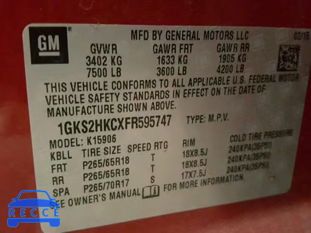 2015 GMC YUKON XL K 1GKS2HKCXFR595747 зображення 9