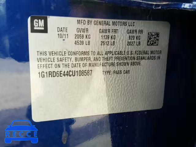 2012 CHEVROLET VOLT 1G1RD6E44CU108587 image 9