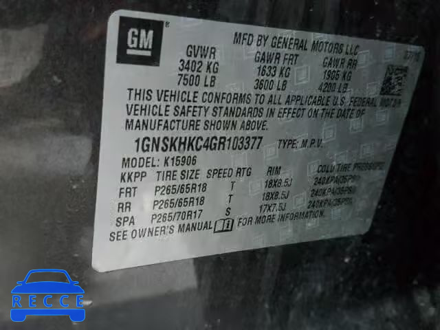 2016 CHEVROLET K1500 SUBU 1GNSKHKC4GR103377 Bild 9
