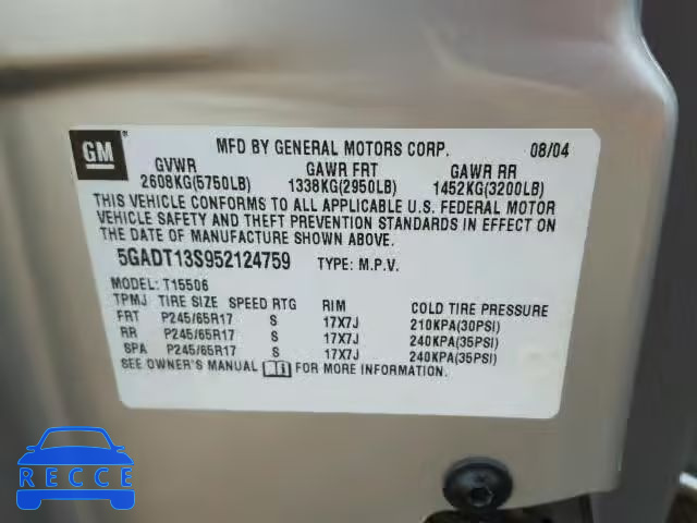 2005 BUICK RAINIER CX 5GADT13S952124759 image 9