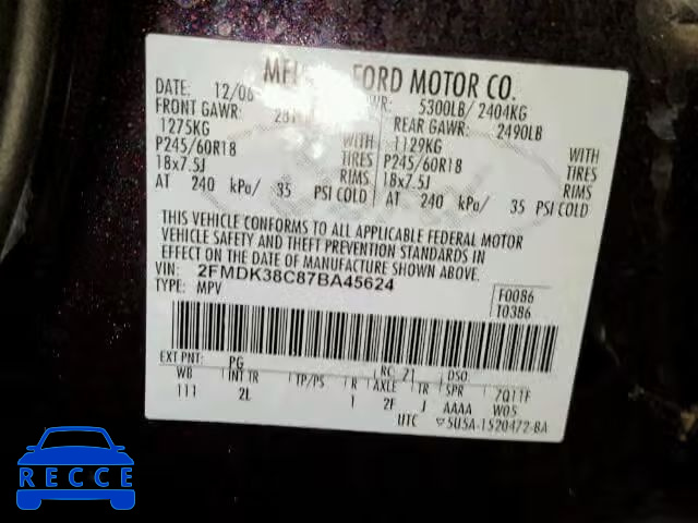 2007 FORD EDGE SEL 2FMDK38C87BA45624 image 9