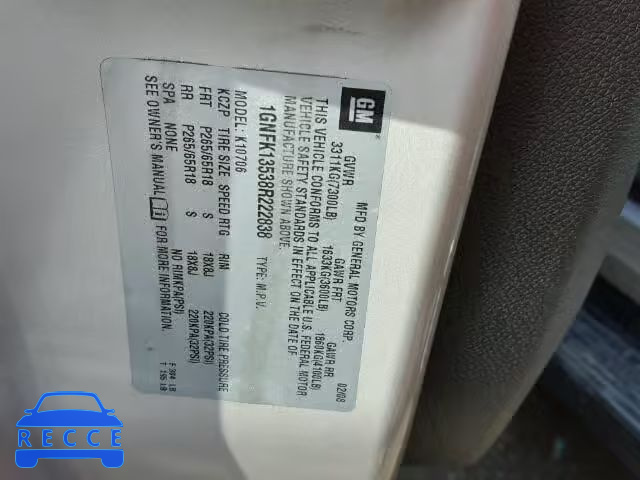 2008 CHEVROLET TAHOE K150 1GNFK13538R222838 image 9